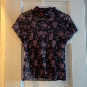 Free People Printed Mesh Black Floral Print Baby Tee